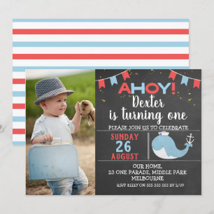Cute Chalkboard Whale Photo Birthday Invitation