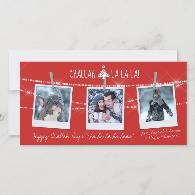 Cute Challah Days La La La 3-Photo Holiday Card (Front)