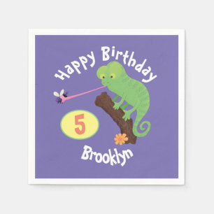 Cute chameleon catching a bug cartoon birthday napkin