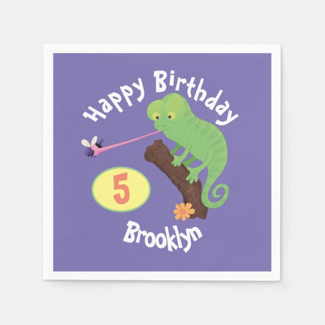 Cute chameleon catching a bug cartoon birthday napkin (Front)