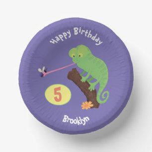 Cute chameleon catching a bug cartoon birthday paper plate
