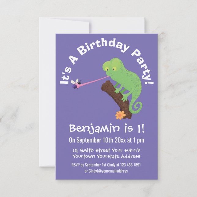 Cute chameleon catching a bug cartoon invitation (Front)