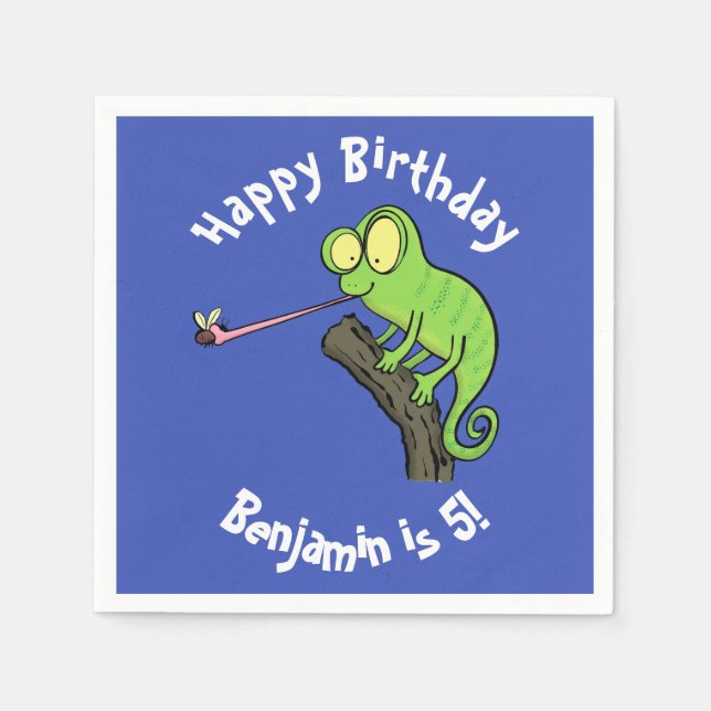 Cute chameleon catching a bug cartoon napkin (Front)