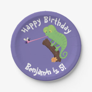 Cute chameleon catching a bug cartoon paper plate