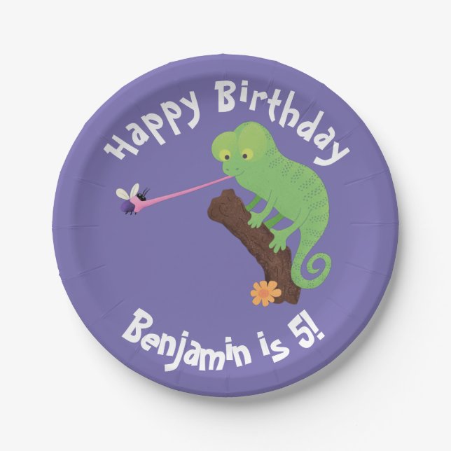 Cute chameleon catching a bug cartoon paper plate (Front)