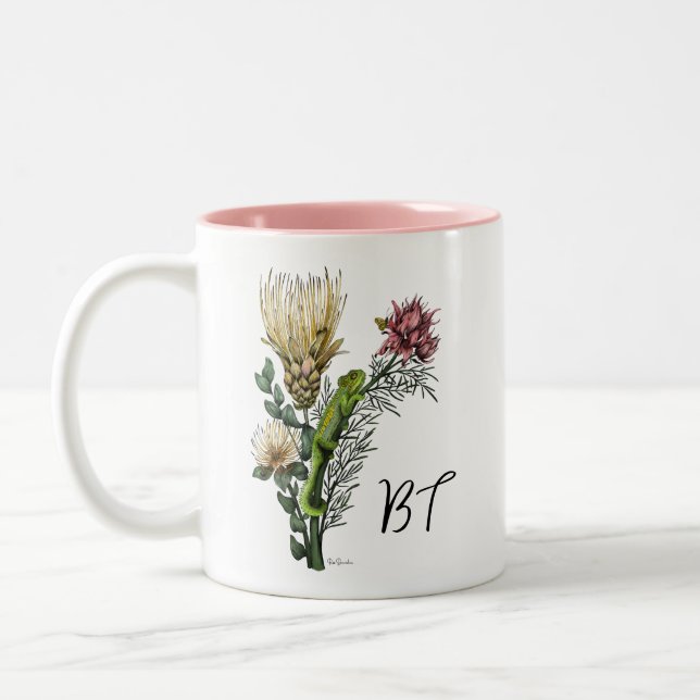 Cute Chameleon in Floral Bouquet Botanical Art Two-Tone Coffee Mug (Left)