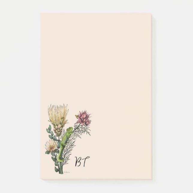 Cute Chameleon in Pink Floral Bouquet Personalised Post-it Notes (Front)