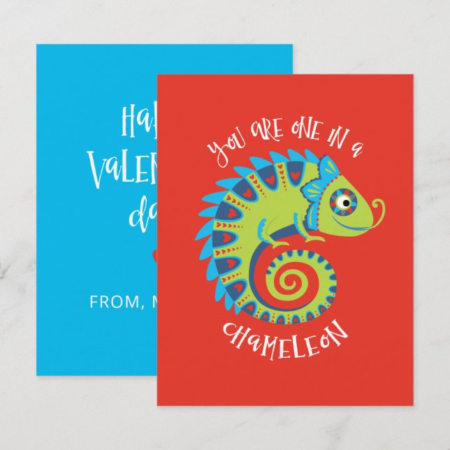 Cute Chameleon Kids Valentines Day Classroom Card (Front/Back)