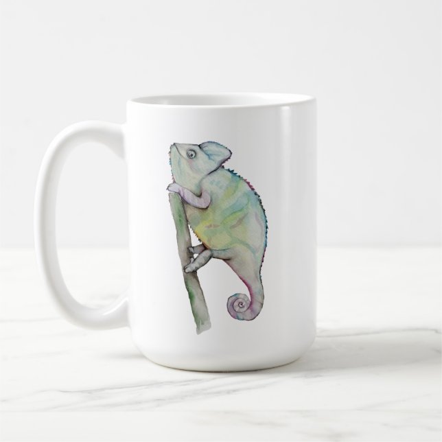 Cute chameleon painted in watercolor coffee mug (Left)