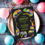 Cute Chameleons Colourful Kids Birthday Party Invitation<br><div class="desc">Throw a fun birthday party with a wild chameleons or reptile theme. These party invitations are perfect for kids birthday parties and feature cute cartoon illustrations of chameleons in bright and vibrant colours set against a black background. Your party details appear in coordinating lime green lettering.</div>