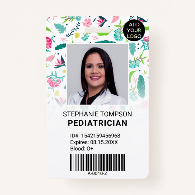 Cute chameleons pediatrician photo logo code ID badge (Front)