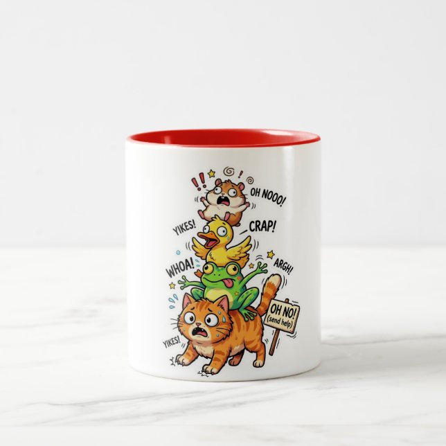 Cute Chaotic Animal Stack Meme – Available on Tees Two-Tone Coffee Mug (Center)