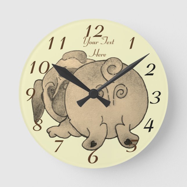 cute character dog drawing play bowing brown pug round clock (Front)