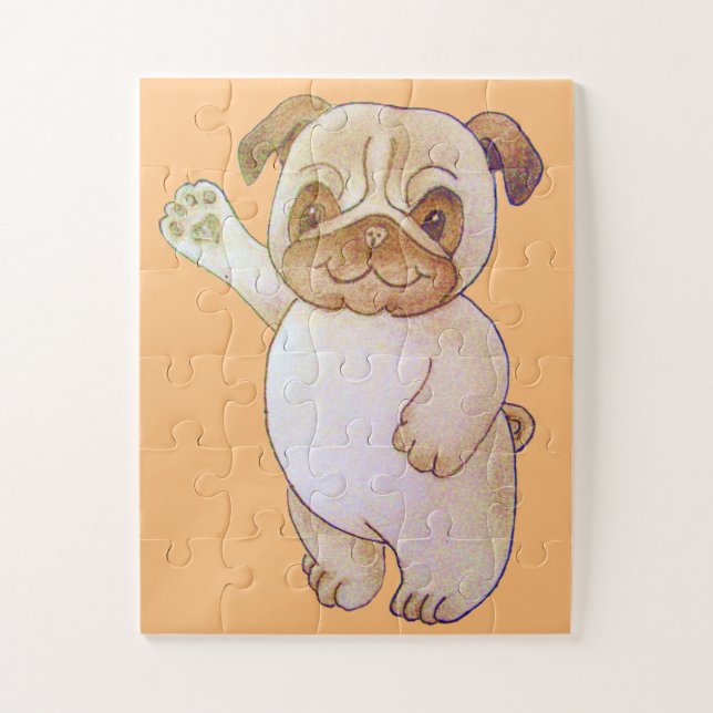 cute character drawing of dog waving brown pug jigsaw puzzle (Vertical)