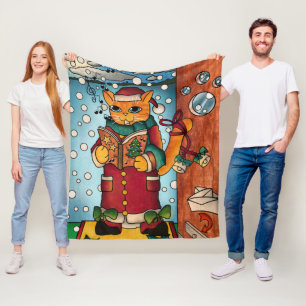 Cute Charming Christmas Carol Singer Cat Fleece Blanket