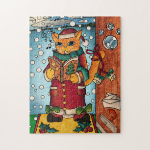 Cute Charming Christmas Carol Singer Cat Jigsaw Puzzle