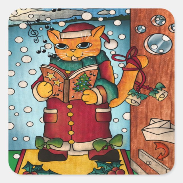 Cute Charming Christmas Carol Singer Cat Square Sticker (Front)