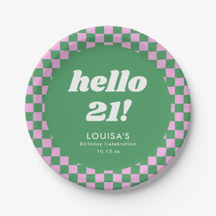Cute Checkerboard Pink Green 21st Birthday Custom Paper Plate