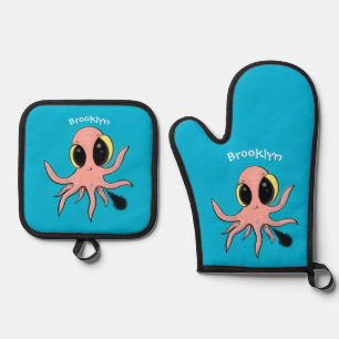 Cute, cheeky baby octopus cartoon oven mitt & pot holder set