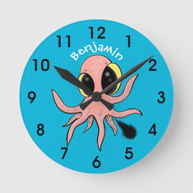 Cute, cheeky baby octopus cartoon round clock (Front)