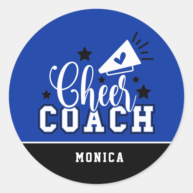 Cute Cheer Coach Personalised Blue and Black Classic Round Sticker (Front)