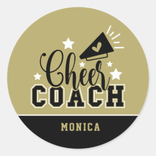 Cute Cheer Coach Personalised Gold and Black Classic Round Sticker