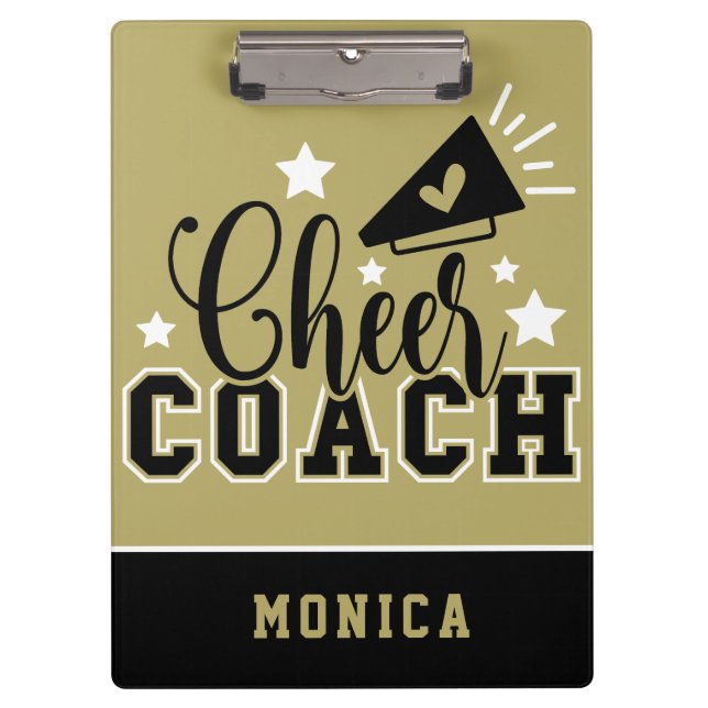 Cute Cheer Coach Personalised Gold and Black Clipboard (Front)