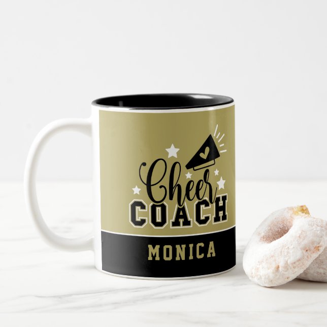 Cute Cheer Coach Personalised Gold & Black Two-Tone Coffee Mug (With Donut)