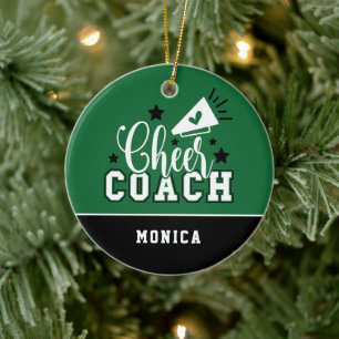 Cute Cheer Coach Personalised Green and Black Ceramic Tree Decoration