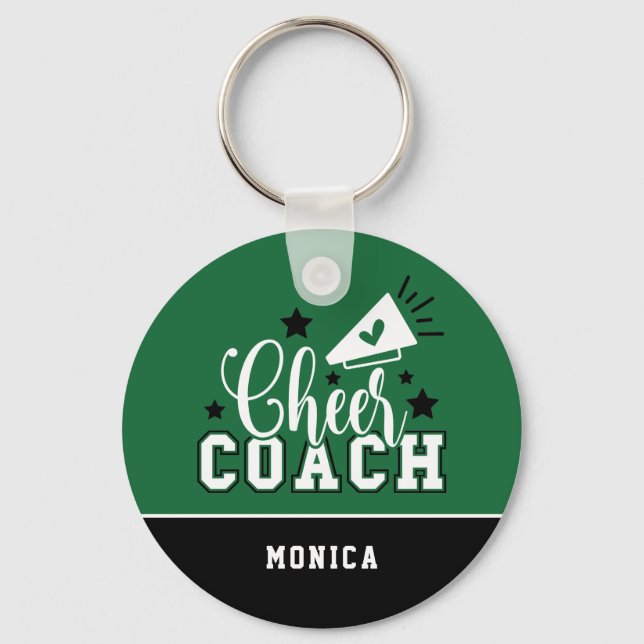 Cute Cheer Coach Personalised Green and Black Key Ring (Front)