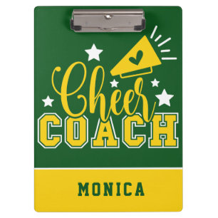 Cute Cheer Coach Personalised Kelly Green & Yellow Clipboard