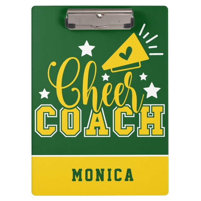 Cute Cheer Coach Personalised Kelly Green & Yellow Clipboard (Front)