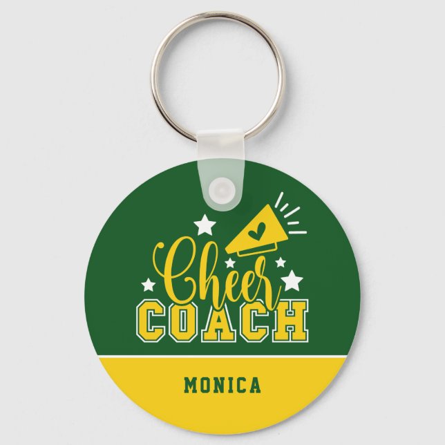 Cute Cheer Coach Personalised Kelly Green & Yellow Key Ring (Front)
