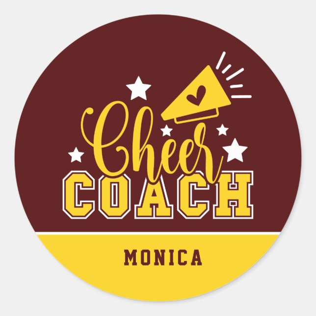 Cute Cheer Coach Personalised Maroon & Yellow Classic Round Sticker (Front)
