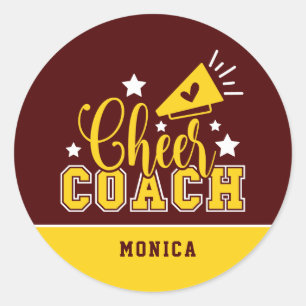 Cute Cheer Coach Personalised Maroon & Yellow Classic Round Sticker