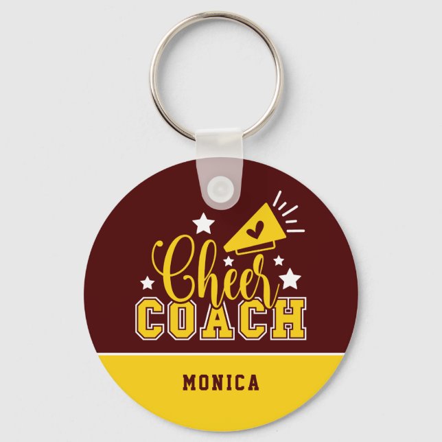 Cute Cheer Coach Personalised Maroon & Yellow Key Ring (Front)