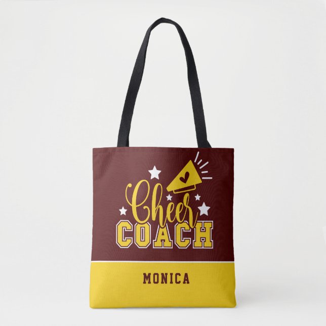 Cute Cheer Coach Personalised Maroon & Yellow Tote Bag (Front)