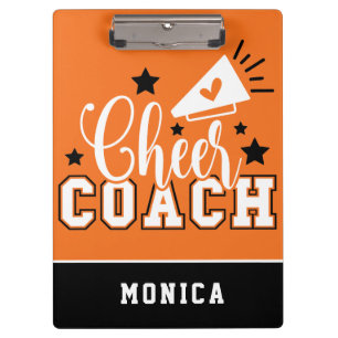Cute Cheer Coach Personalised Orange and Black Clipboard