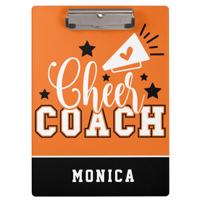 Cute Cheer Coach Personalised Orange and Black Clipboard (Front)