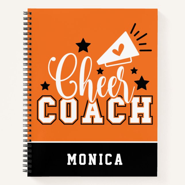 Cute Cheer Coach Personalised Orange and Black Notebook (Front)