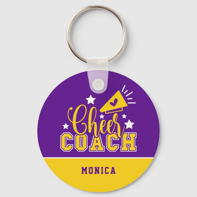 Cute Cheer Coach Personalised Purple & Yellow Key Ring (Front)