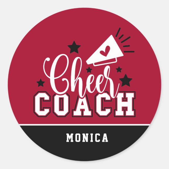 Cute Cheer Coach Personalised Red and Black Classic Round Sticker (Front)