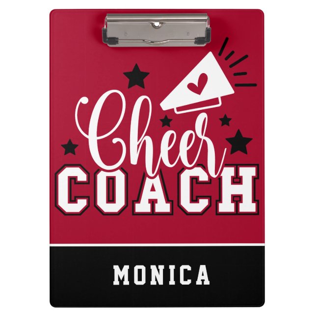 Cute Cheer Coach Personalised Red and Black Clipboard (Front)
