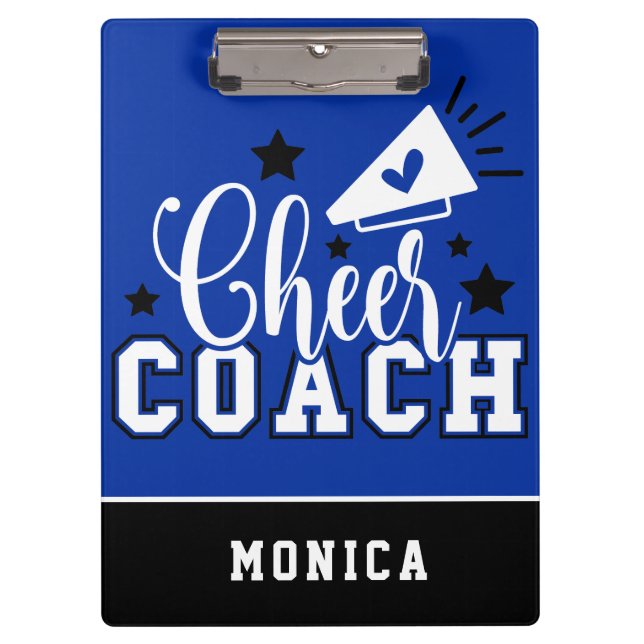 Cute Cheer Coach Personalised Royal Blue and Black Clipboard (Front)