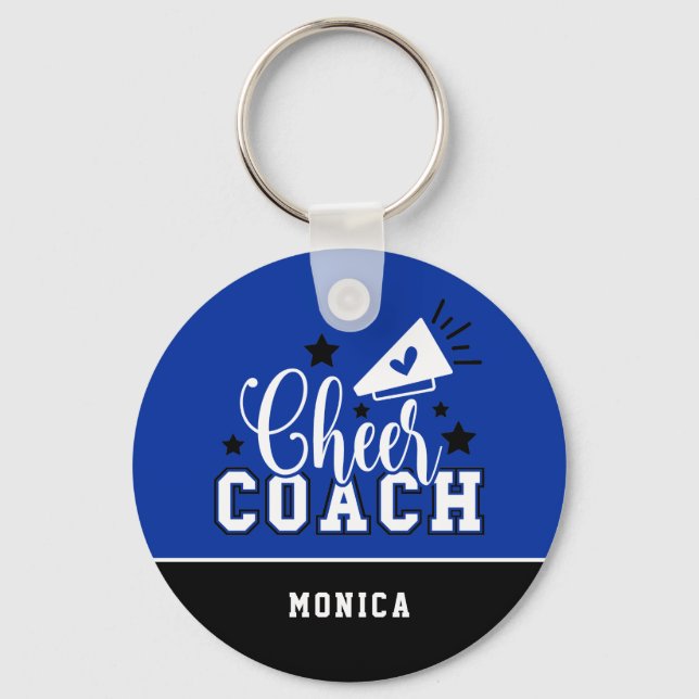 Cute Cheer Coach Personalised Royal Blue and Black Key Ring (Front)