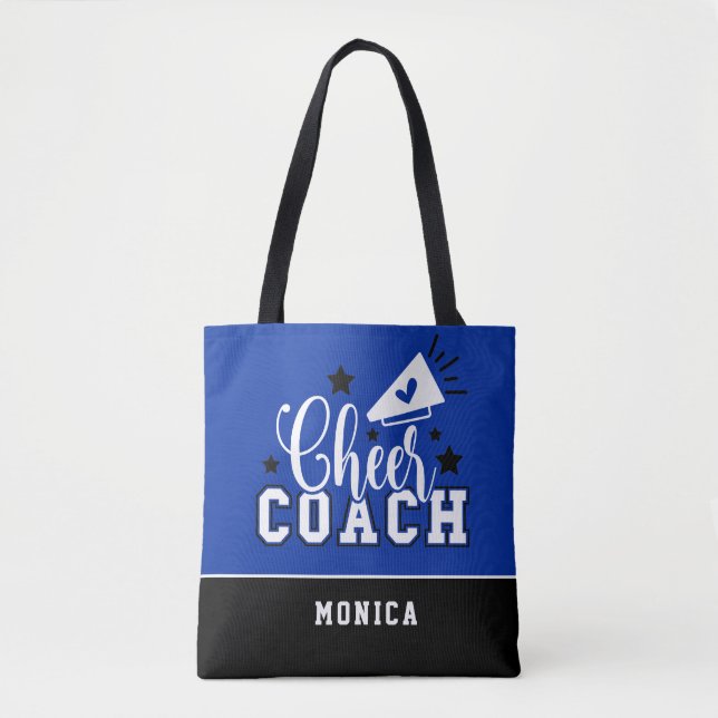 Cute Cheer Coach Personalised Royal Blue and Black Tote Bag (Front)