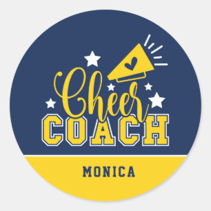 Cute Cheer Coach Personalised Royal Blue & Yellow Classic Round Sticker