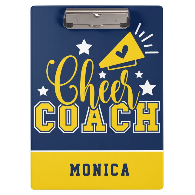 Cute Cheer Coach Personalised Royal Blue & Yellow Clipboard (Front)