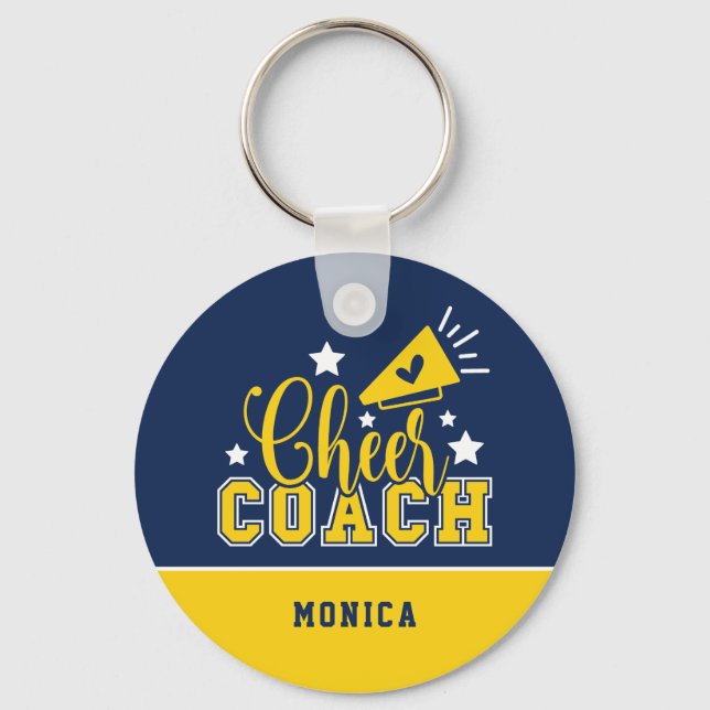 Cute Cheer Coach Personalised Royal Blue & Yellow Key Ring (Front)