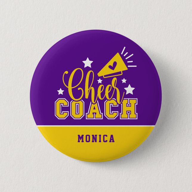 Cute Cheer Coach Personalized Purple & Yellow 6 Cm Round Badge (Front)